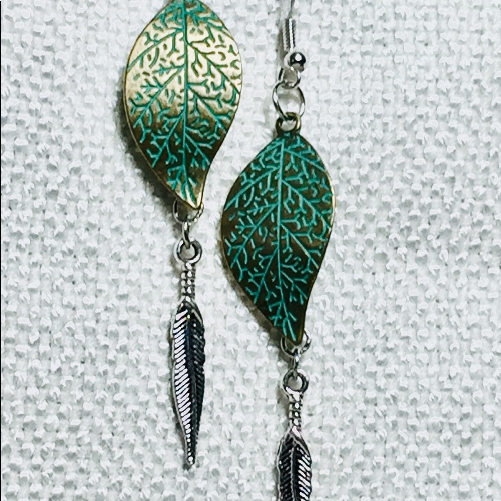 🇺🇸 Patina Leaves Silver Feather Earrings